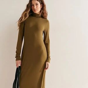 Free People Good Feels Mockneck Midi Dress- SEAWEED COLOR